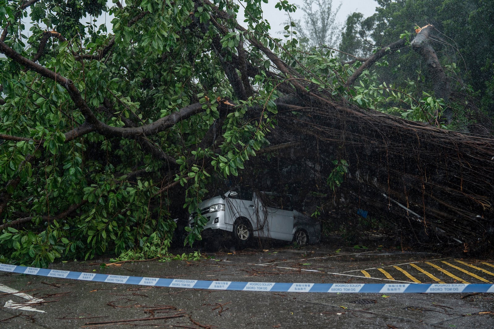 A vehicle sits damaged by fallen trees following the Typhoon Wipha, in Hong Kong, Sunday, July 20, 2025. (AP Photo/Vernon Yuen)