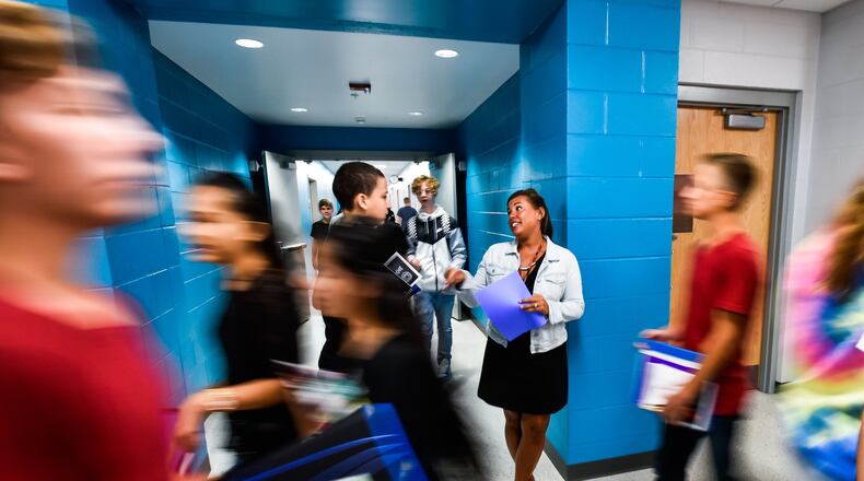 Students find their classes during their first day in 2017 at the new Fairfield Freshman School. NICK GRAHAM/STAFF