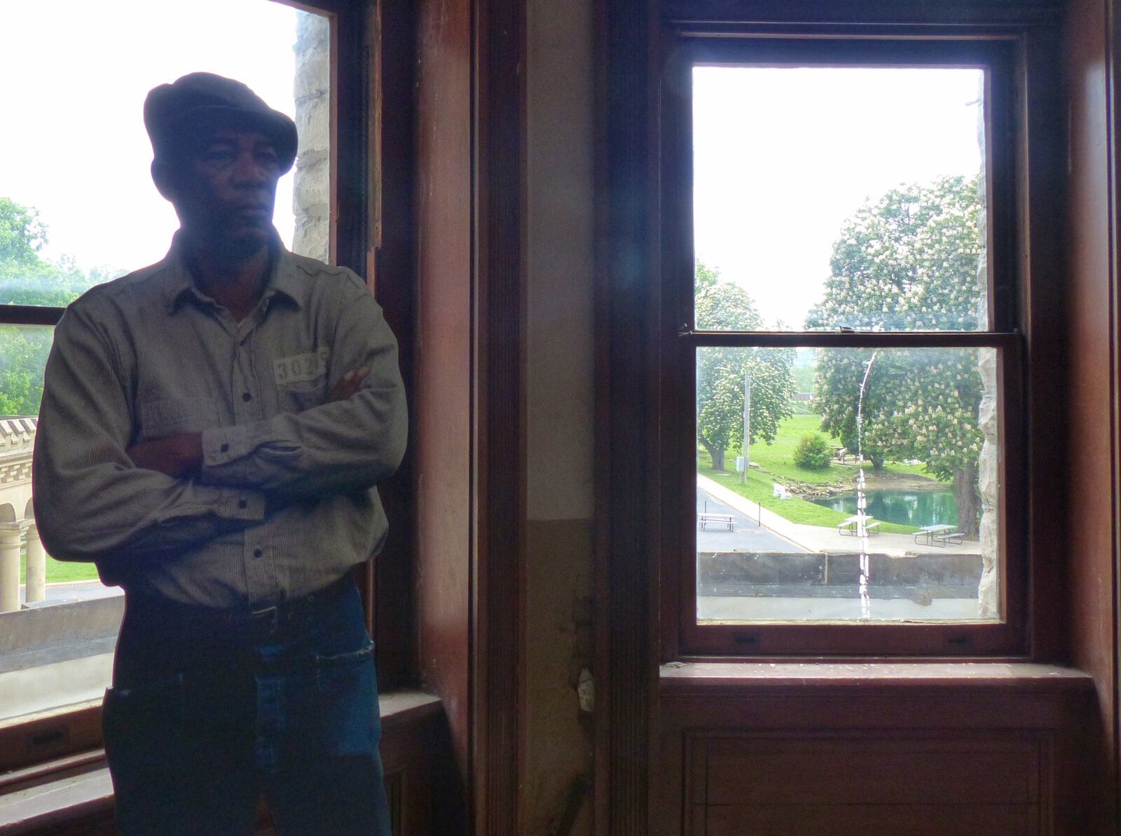 A cutout of Red played by Morgan Freeman is in the room where the parole board scene was filmed for “The Shawshank Redemption.” FILE