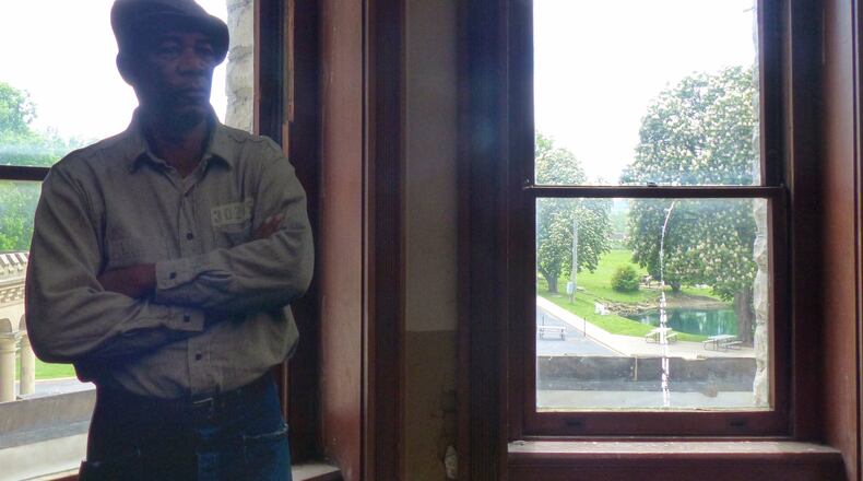 A cutout of Red played by Morgan Freeman is in the room where the parole board scene was filmed for “The Shawshank Redemption.” CONNIE POST/STAFF