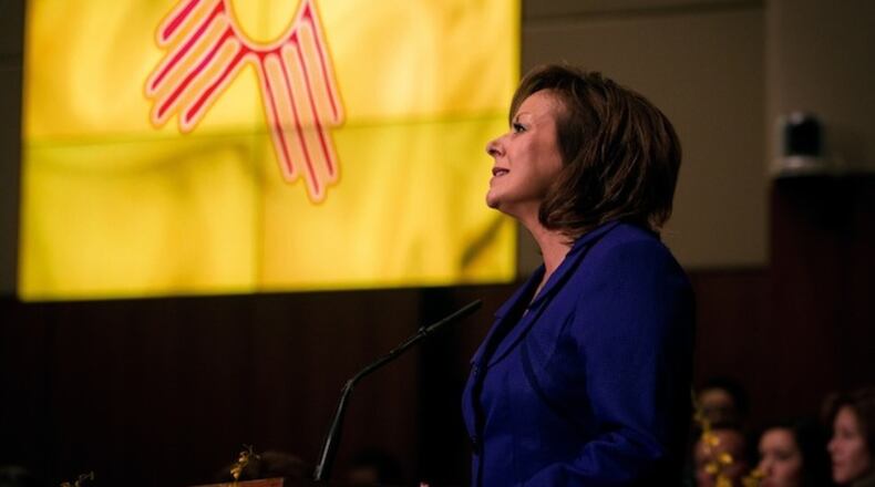 FILE--In this Jan. 19, 2016 file photo, New Mexico Republican Gov. Susana Martinez gives her State of the State address at the Capitol in Santa Fe, N.M. Republican presidential candidate Donald Trump chastised Martinez for not doing her job when it came to trends in unemployment, federal food aid and even containing the Syrian refugee crisis while he stumped at a rally in May 2016 in the nation's most Hispanic state. Martinez, who has not endorsed Trump, skipped the Albuquerque event and the public spat dampened lingering speculation that Martinez might be picked as vice president despite to attract more female and minority voters to the Republican ticket. (AP Photo/Mark Holm, file)