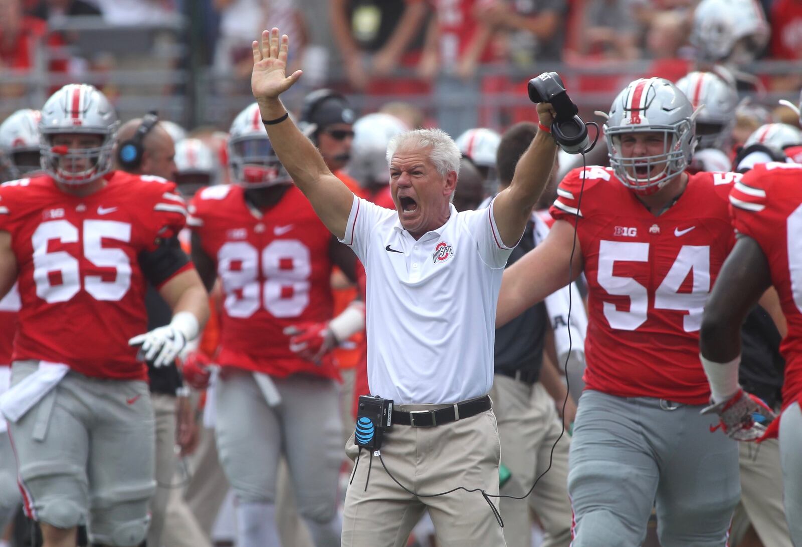 Ohio State coach Kerry Coombs reacts to a stop by the defense against Tulsa on Saturday, Sept. 10, 2016, at Ohio Stadium in Columbus. David Jablonski/Staff