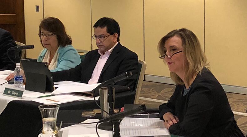 Wright State president Cheryl Schrader speaks during a board of trustees meeting today.