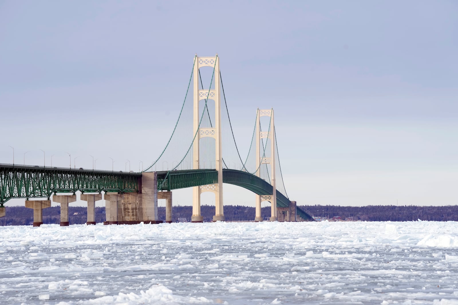 FILE - The Mackinac Bridge is seen, Monday, Feb. 20, 2023, from Mackinaw City, Mich. (AP Photo/Carlos Osorio, File)