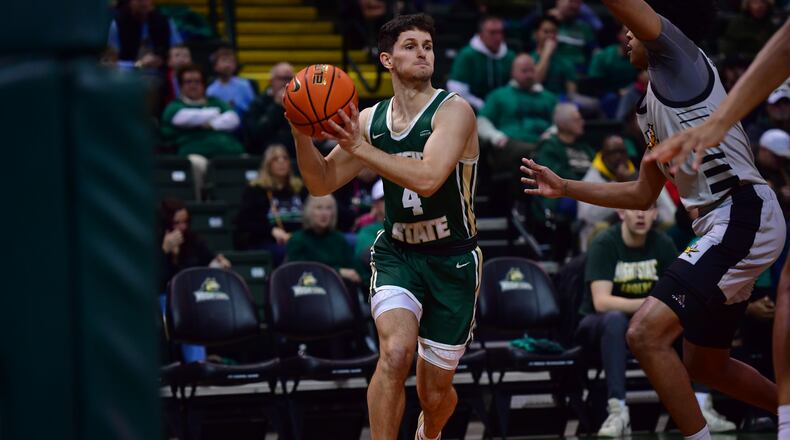 Wright State's Keaton Norris looks to make a pass vs. Northern Kentucky at the Nutter Center on Feb. 21, 2025. Joe Craven/Wright State Athletics