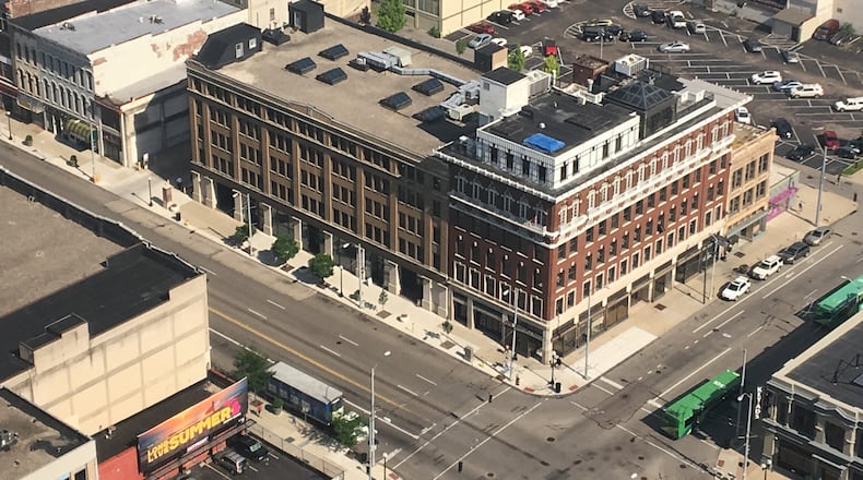 An aerial view of the corner of East Third and Jefferson streets. The Elks building sits at the corner and next to it is the 124 E. Third St. building. Both are targeted for redevelopment. CORNELIUS FROLIK / STAFF