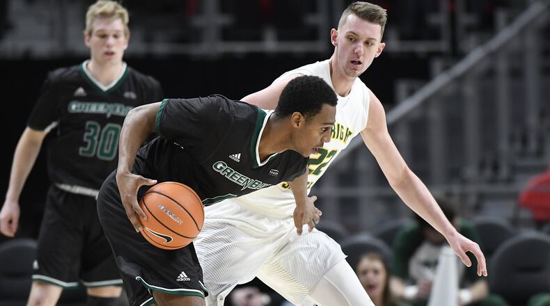 Wright State’s Parker Ernsthausen defends against Green Bay on Saturday night in the Horizon League tournament at Little Caesar’s Arena in Detroit. HORIZON LEAGUE/CONTRIBUTED PHOTO