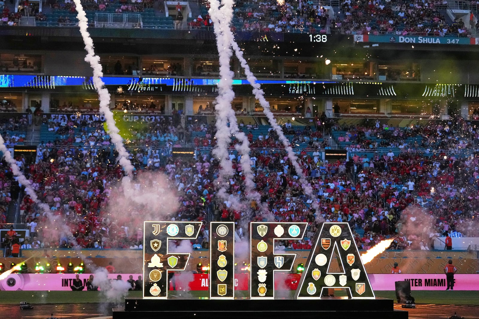 The FIFA logo is emblazoned with the club crests of competing teams prior to the Club World Cup group A soccer match between Al Ahly and Inter Miami in Miami, Fla., Saturday, June 14, 2025. (AP Photo/Rebecca Blackwell)