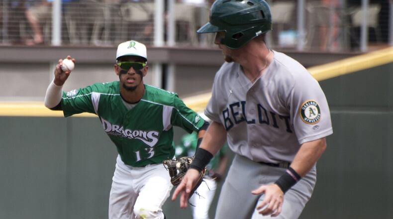 Dragons shortstop Miguel Hernandez chases Beloit’s Nick Ward back toward first base during the second inning Sunday. Ward was out at first to complete a double play. Jeff Gilbert/CONTRIBUTED