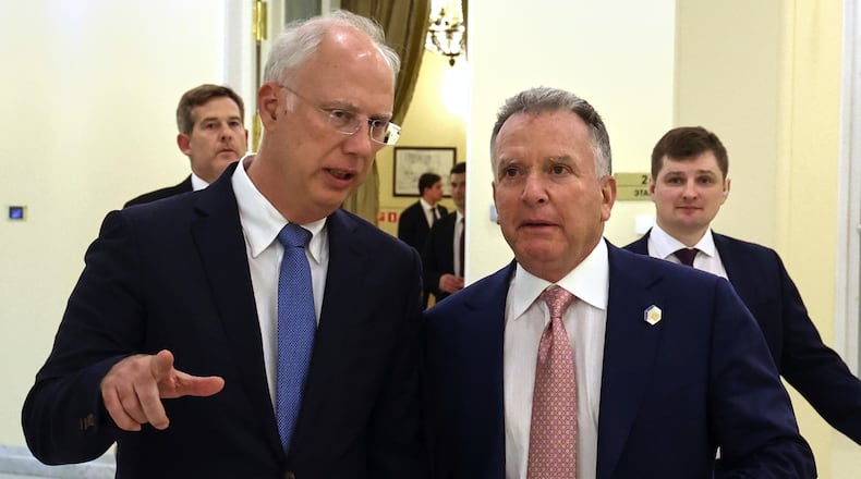 FILE - Russian President Vladimir Putin's envoy Kirill Dmitriev, left, and U.S. President Donald Trump's special envoy Steve Witkoff attend talks in St. Petersburg, Russia, on April 11, 2025. (Vyacheslav Prokofyev, Sputnik, Kremlin Pool Photo via AP, File)