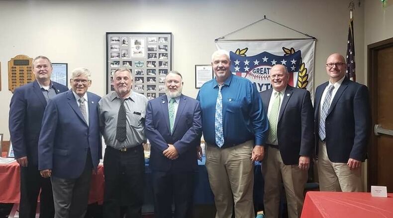 The Greater Dayton Baseball Hall of Fame Class, from left: Rich Overman, Charlie Domagalski, Terry Eldridge, John Wallace (Dayton Dragons), Scott Balent, Jim Leopold and Scott Siegfried. Not pictured: Bill Skelton. CONTRIBUTED