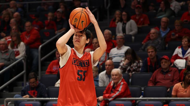 Dayton's Mike Sharavjamts warms up at the Red & Blue Game on Saturday, Oct. 15, 2022, at UD Arena. David Jablonski/Staff