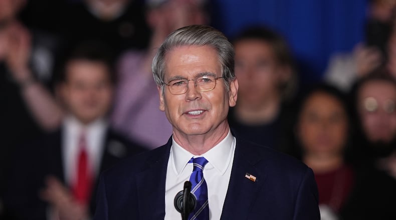 U.S. Department of the Treasury Scott Bessent speaks before President Donald Trump arrives at the Mount Airy Casino Resort in Mount Pocono, Pa., Tuesday, Dec. 9, 2025. (AP Photo/Matt Rourke)