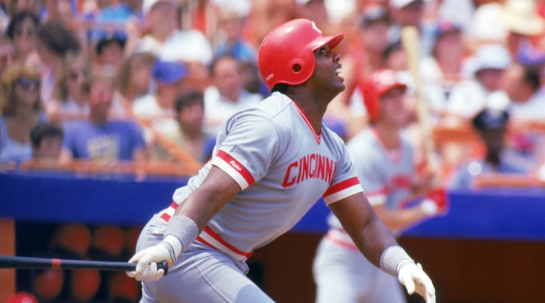 FLUSING, NY - 1987: Dave Parker #39 of the Cincinnati Reds watches the flight of the ball as he follows through on his swing during a game with the New York Mets in 1987 at Shea Stadium in Flushing, New York. (Photo by Scott Halleran/Getty Images)