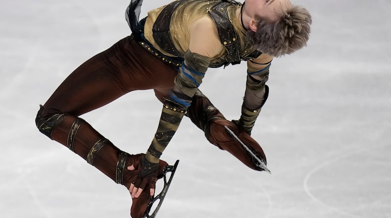 Ilia Malinin from the United States competes during the men's short program at the Figure Skating World Championships in Prague, Czech Republic, Thursday, March 26, 2026. (AP Photo/Petr David Josek)