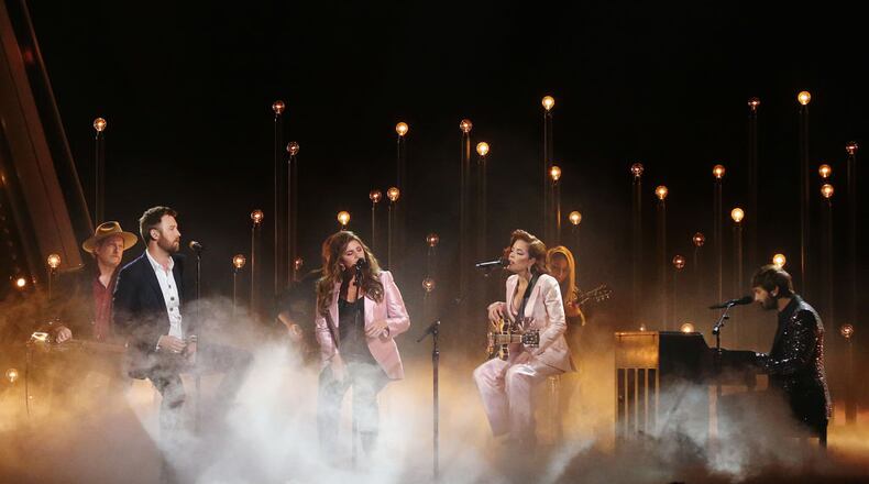 NASHVILLE, TENNESSEE - NOVEMBER 13: (FOR EDITORIAL USE ONLY) (L-R) Charles Kelley and Hillary Scott of Lady Antebellum, Halsey, and Dave Haywood of Lady Antebellum perform onstage during the 53rd annual CMA Awards at the Bridgestone Arena on November 13, 2019 in Nashville, Tennessee. (Photo by Terry Wyatt/Getty Images,)