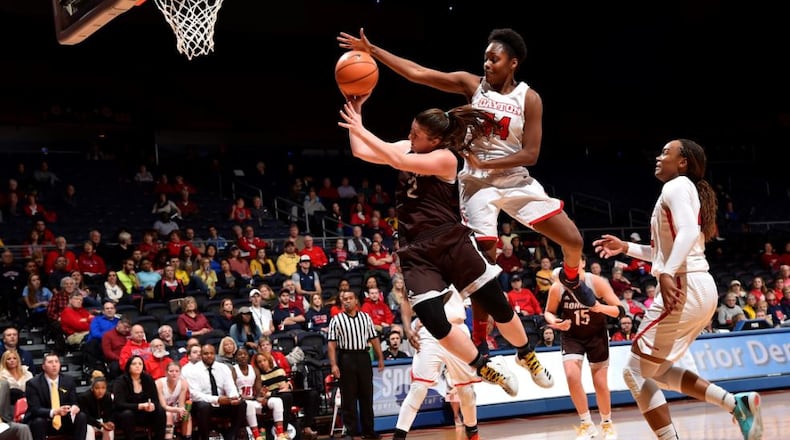 JaVonna Layfield notched a double-double Wendesday night in the Flyers’ road win over Richmond. Erik Schelkun/FILE PHOTO