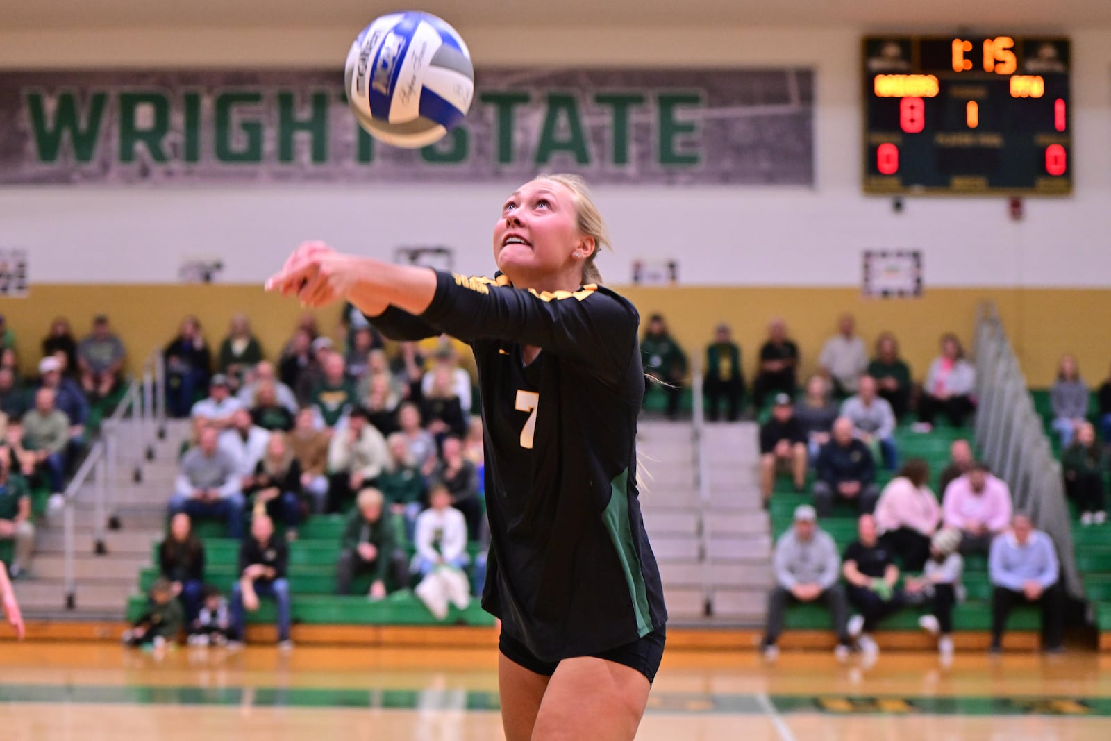 Wright State University women's volleyball player Lauren Yacobucci bumps the ball during their game against Indiana Purdue Fort Wayne last season. JOSEPH CRAVEN/WRIGHT STATE ATHLETICS