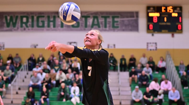 Wright State University women's volleyball player Lauren Yacobucci bumps the ball during their game against Indiana Purdue Fort Wayne last season. JOSEPH CRAVEN/WRIGHT STATE ATHLETICS