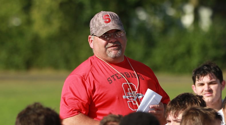 Stebbins head coach Greg Bonifay talks to his team during the 2019 season. Bonifay will coach the North squad in Friday's Miami Valley Football Coaches Association All-Star Game. FILE PHOTO