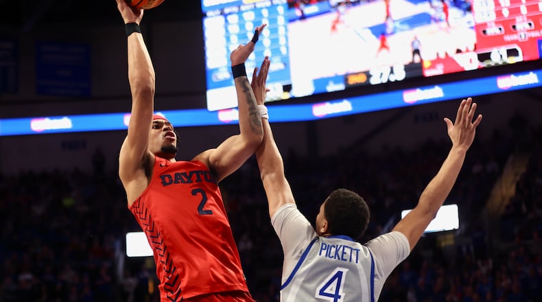 Dayton's Toumani Camara misses a game-tying shot in the final minute against Saint Louis on Friday, March 3, 2023, at Chaifetz Arena in St. Louis, Mo. David Jablonski/Staff