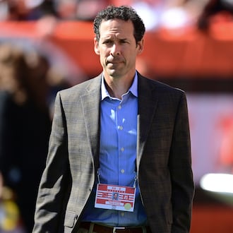 FILE - Cleveland Browns chief strategy officer Paul DePodesta looks on before an NFL football game between the Chicago Bears and the Cleveland Browns, Sunday, Sept. 26, 2021, in Cleveland. (AP Photo/David Dermer, File)