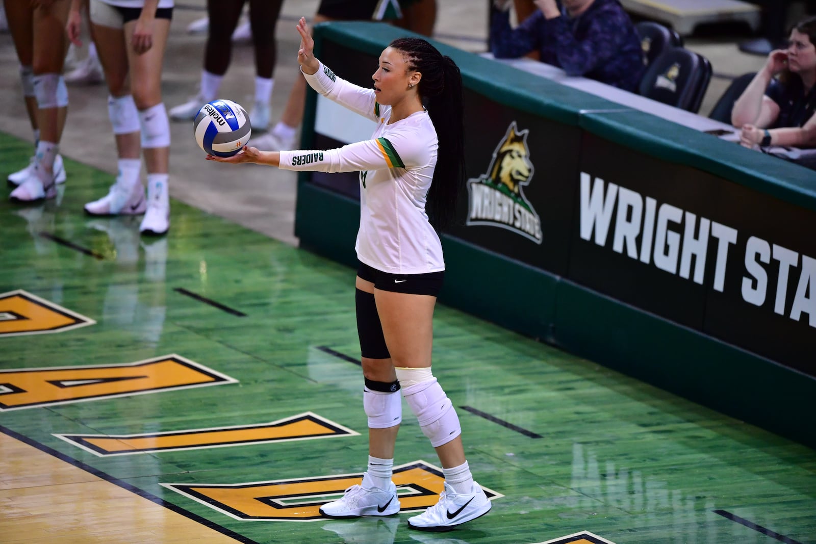 Wright State University junior Mya Ayro prepares to serve the ball during their match against Ohio State on Sept. 13 at the Nutter Center in Fairborn. JOSEPH R. CRAVEN / CONTRIBUTED PHOTO