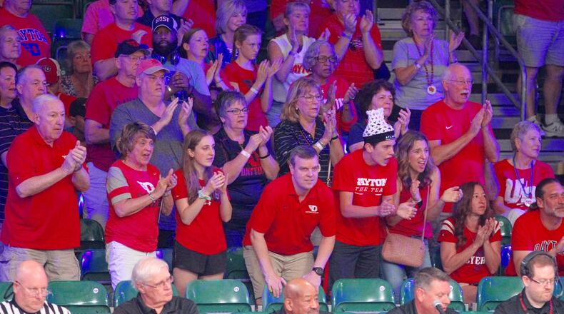 Dayton fans cheer during the third-place game in the Battle 4 Atlantis against Oklahoma on Friday, Nov. 23, 2018, at Imperial Gym on Paradise Island, Bahamas. David Jablonski/staff