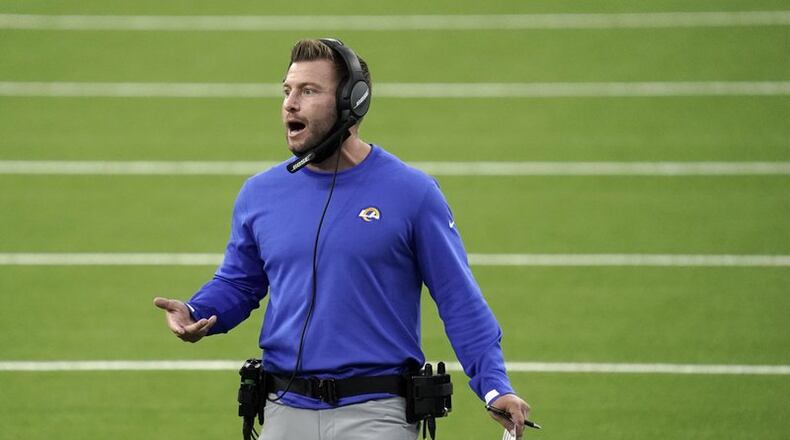 Los Angeles Rams head coach Sean McVay yells out instructions during the first half of an NFL football game against the Dallas Cowboys Sunday, Sept. 13, 2020, in Inglewood, Calif. (AP Photo/Jae C. Hong )