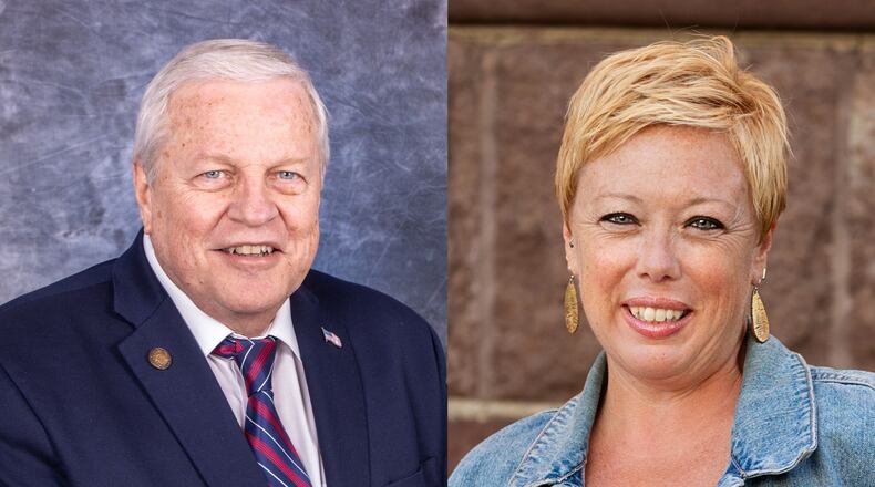 Former Beavercreek mayor Bob Stone and current Xenia mayor Sarah Mays are running against each other in the Republican Primary for the Greene County Commission. CONTRIBUTED