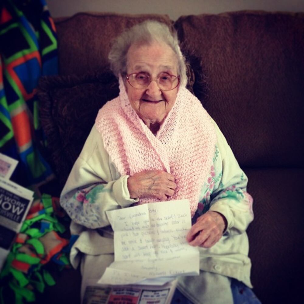 Grandma loves her scarf. A big thanks to @lileckert13 for making this for her! She's beyond thrilled