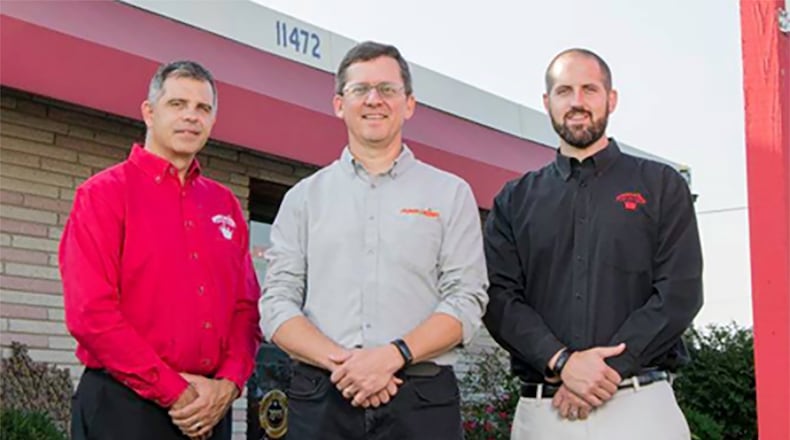 Jack Brendamour (far right) with his mentor and the founder of Junk King in Dayton and Cincinnati, Peter McCreary. After McCreary passed away suddenly in 2018, Junk King COO Jason Lefker (left) was instrumental in helping keep the company open and operating. Contributed photos
