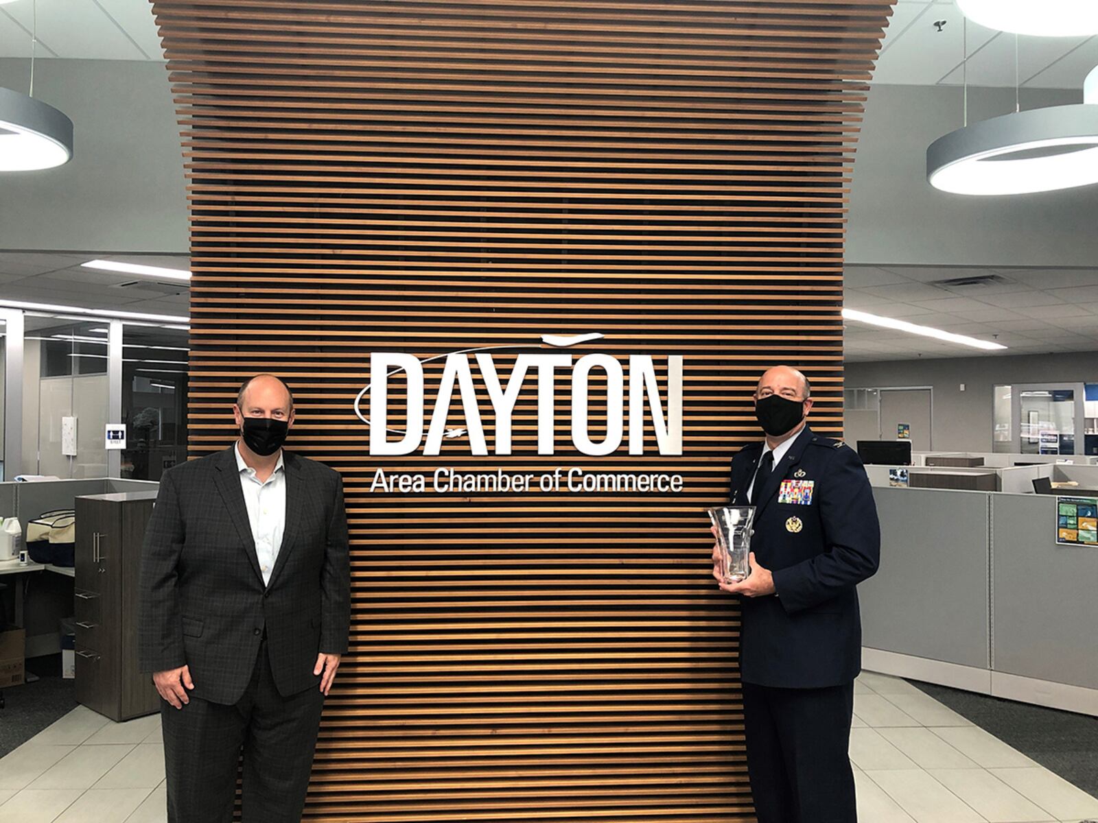 Col. Patrick Miller, 88th Air Base Wing commander, accepts the Program Partner of the Year Award on the installation’s behalf. The award recognizes WPAFB’s commitment to Leadership Dayton and the Dayton Area Chamber of Commerce. CONTRIBUTED PHOTO