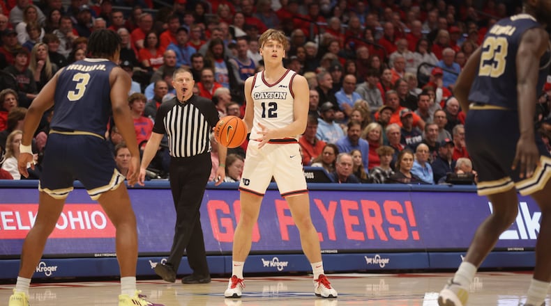 Dayton's Petras Padegimas dribbles during a game against George Washington on Tuesday, Jan. 30, 2024, at UD Arena. David Jablonski/Staff