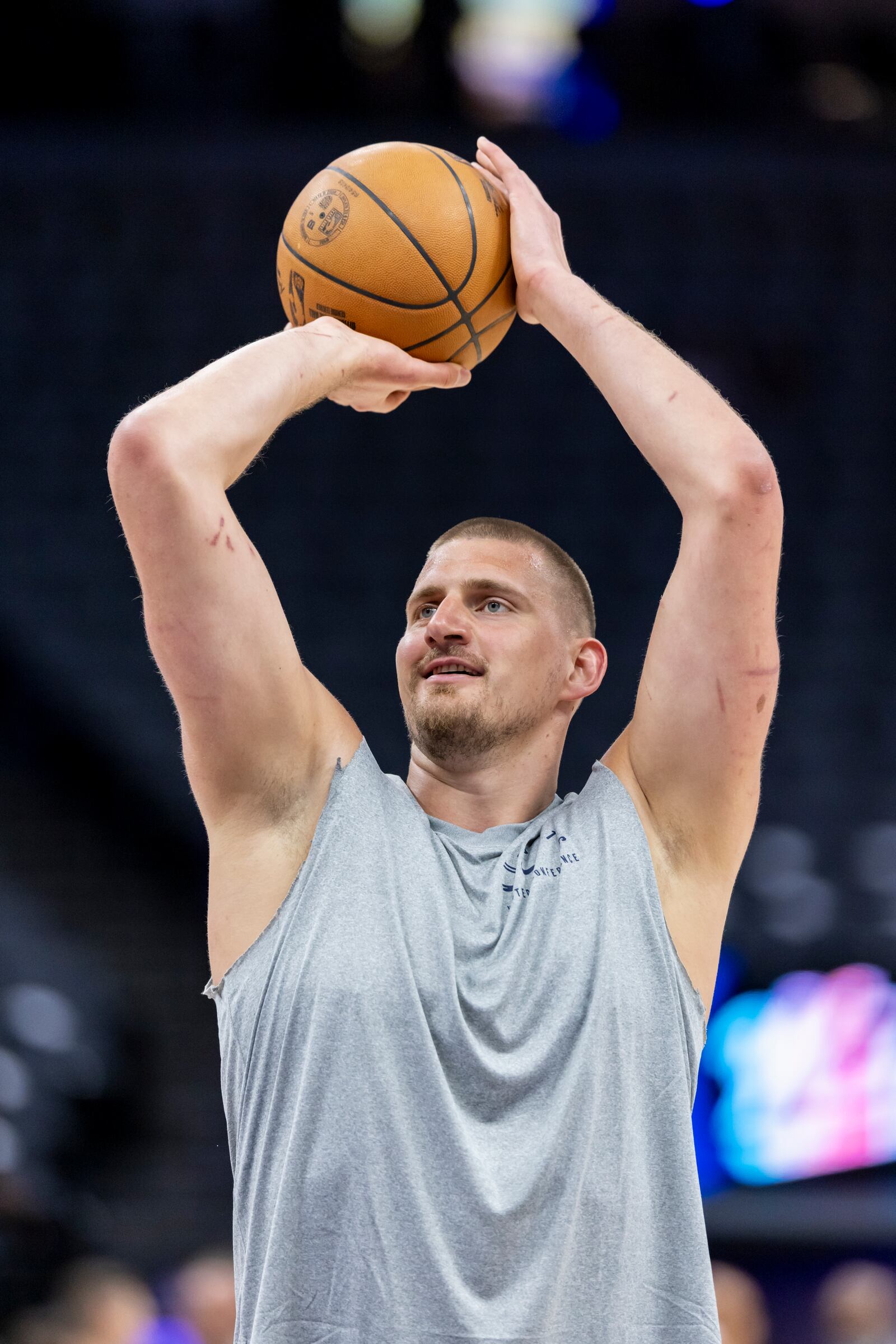 Denver Nuggets center Nikola Jokic warms up before an NBA basketball game against the Sacramento Kings, Wednesday, April 9, 2025, in Sacramento, Calif. (AP Photo/Sara Nevis)