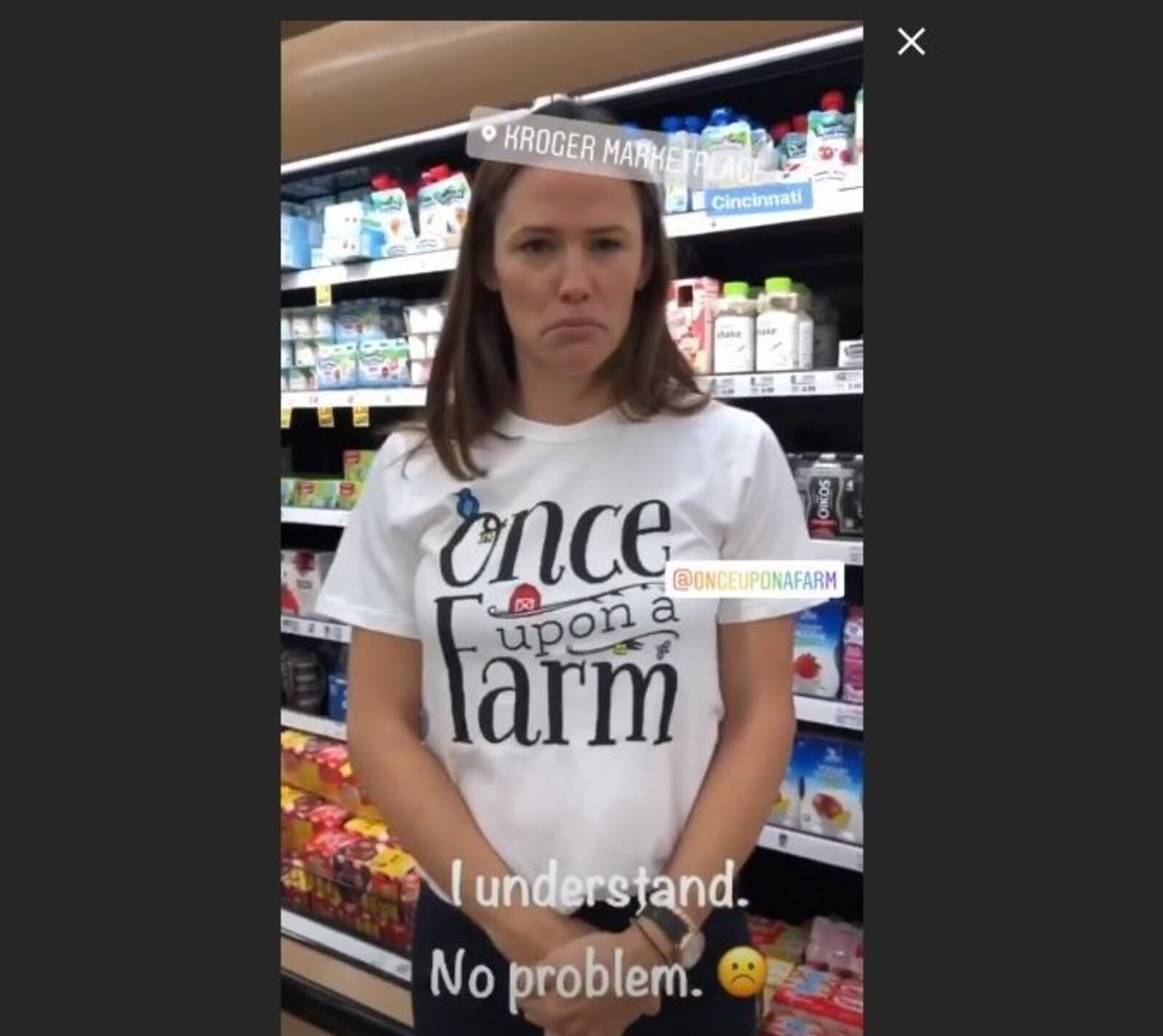 Actress Jennifer Garner posted an Instagram story Aug. 30, 2018 of her attempts to give Once Upon a Farm  baby food way at a Kroger Marketplace in the Cincinnati area.