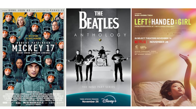 This combination of images shows promotional art for "Mickey 17," left, "The Beatles Anthology," center, and "Left Handed Girl." (Warner Bros. Pictures/Disney+/Netflix via AP)
