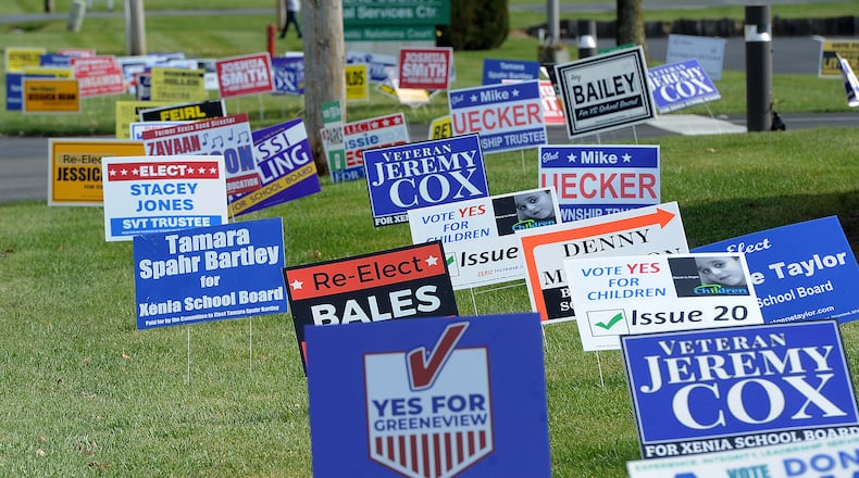 A political "sign farm" outside the Greene County Board of Elections on Ledbetter Rd. in Xenia, November 6, 2023. MARSHALL GORBY\STAFF