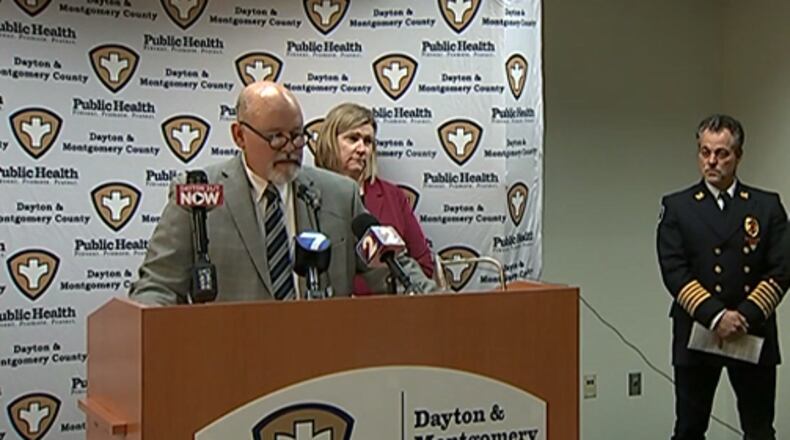 Jeff Cooper, commissioner of Public Health - Dayton & Montgomery County speaks during a 4 p.m. press release. Dayton Mayor Nan Whaley and Dayton Fire Chief Jeff Lykins also gathered to speak March 20, 2020.