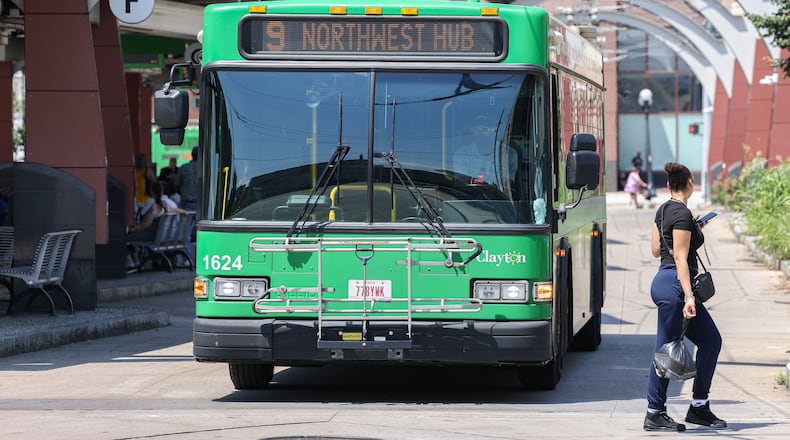 A Greater Dayton RTA bus leaves Wright Stop Plaza Transit Center in downtown Dayton on Friday, June 27. BRYANT BILLING / STAFF