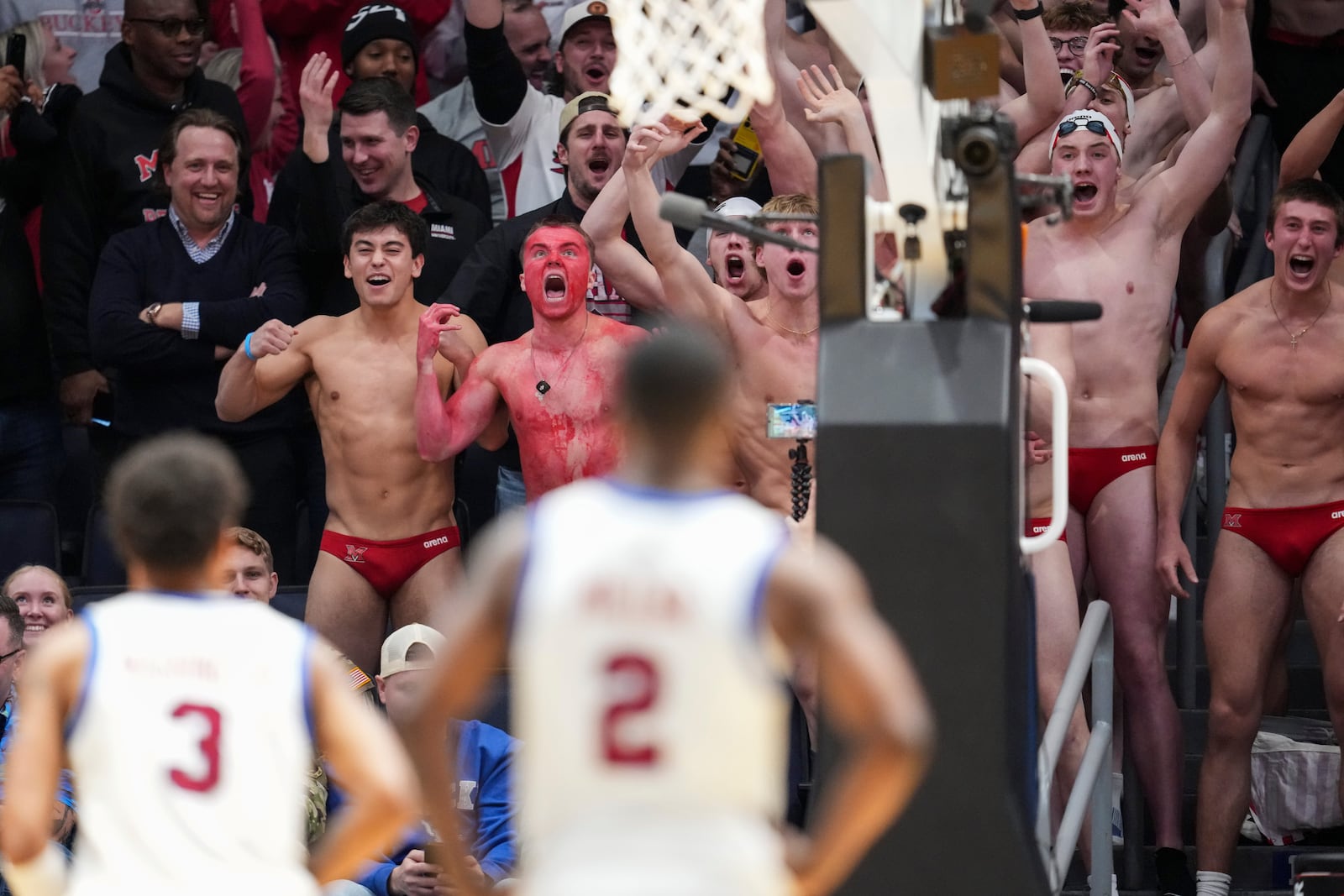 Miami (Ohio) fans react to a missed free throw by SMU forward Corey Washington (3) during the second half of a First Four college basketball game in the NCAA Tournament in Dayton, Ohio, Wednesday, March 18, 2026. (AP Photo/Jeff Dean)