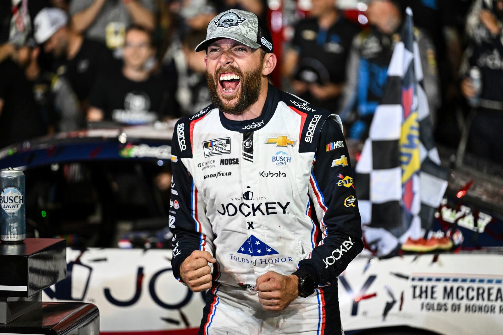 Ross Chastain celebrates in Victory Lane after winning a NASCAR Cup Series auto race at Charlotte Motor Speedway, Sunday, May 25, 2025, in Concord, N.C. (AP Photo/Matt Kelley)