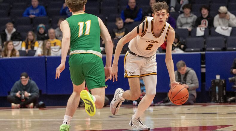 Alter's Brady Conner attacks the Youngstown Ursuline defense during the Knights' state semifinal win last season at UD Arena. Jeff Gilbert/CONTRIBUTED