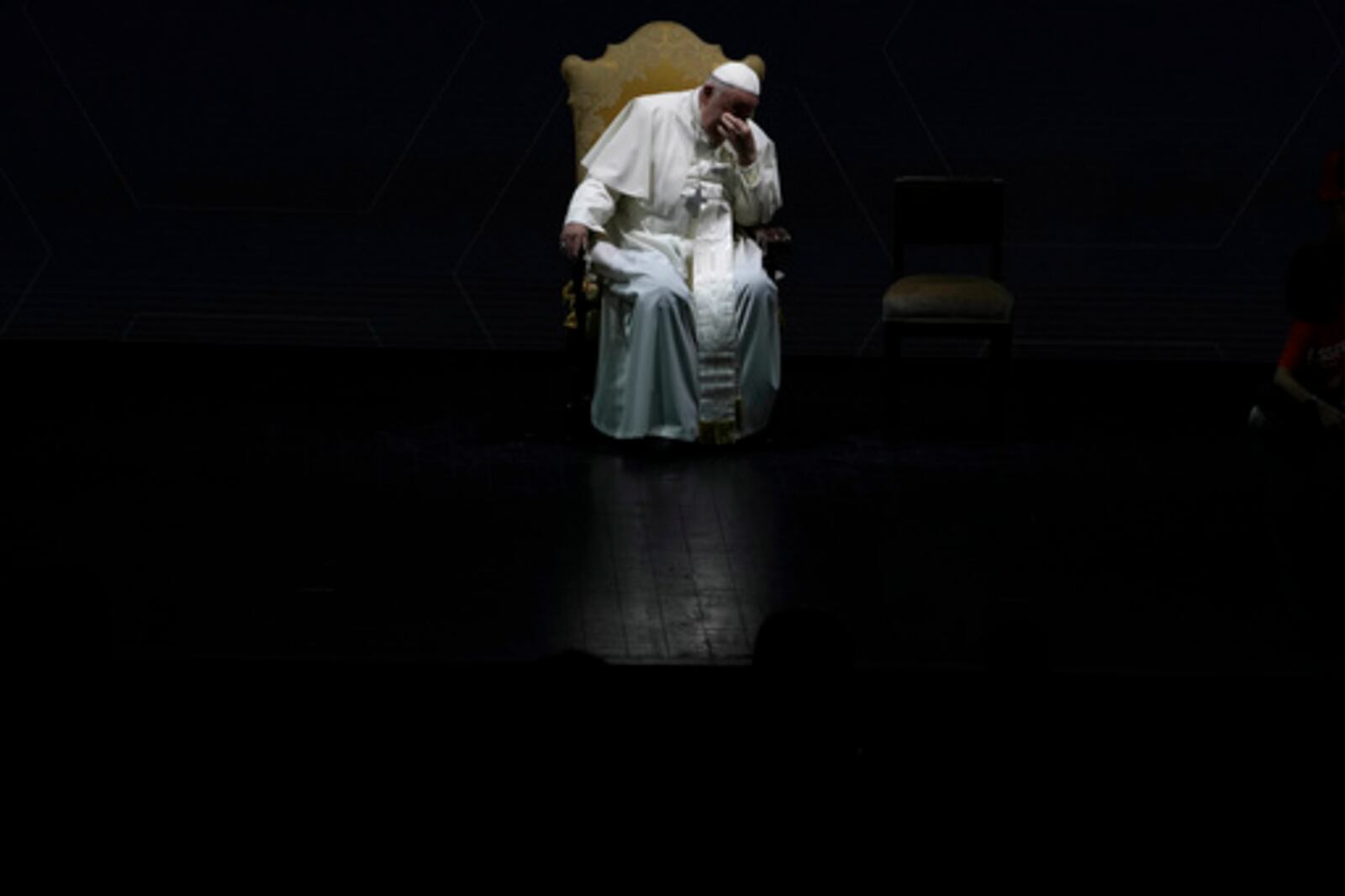FILE - Pope Francis gestures as he attends an annual gathering of pro-family organisations at the Auditorium della Conciliazione, in Rome, Friday, May 10, 2024. (AP Photo/Alessandra Tarantino, File)