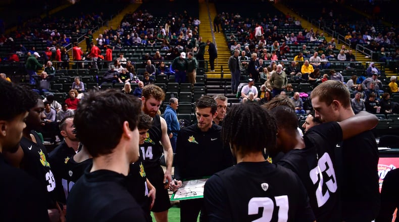 Wright State coach Clint Sargent talks to his team in a timeout during a game vs. IU Indy at the Nutter Center. Joe Craven/Wright State Athletics
