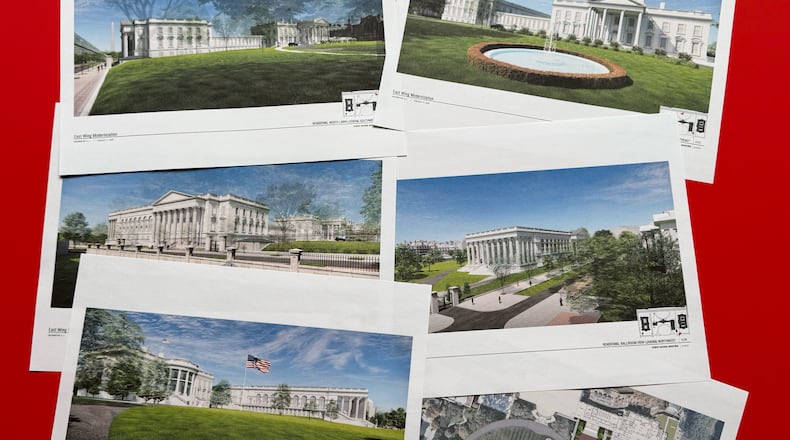 Artist renderings and diagrams of the new White House East Wing and Ballroom, briefly posted on the National Capital Planning Commission's website ahead of a March 5, hearing, are photographed Tuesday, Feb. 17, 2026. (AP Photo/Jon Elswick)