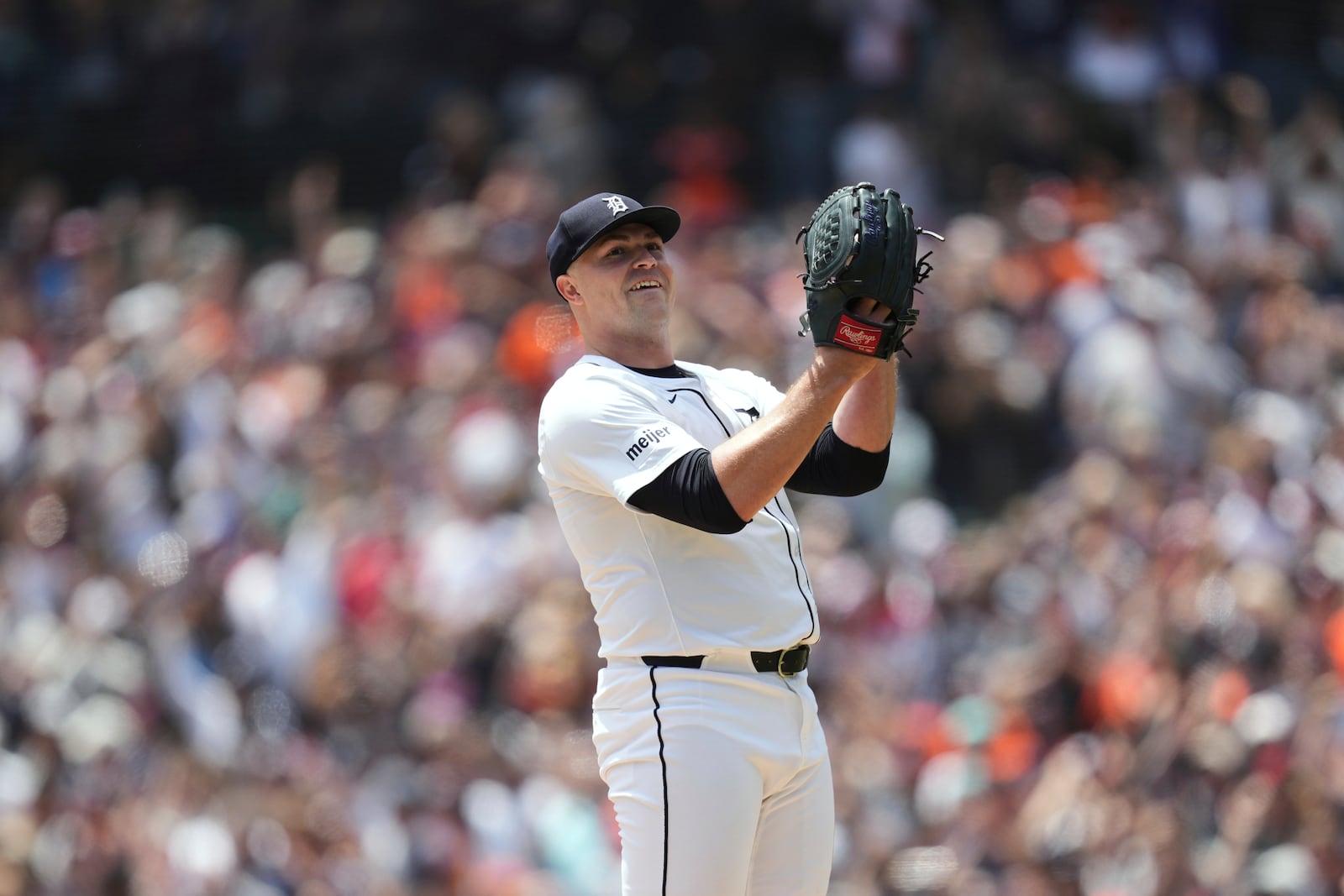 Detroit Tigers pitcher Tarik Skubal reacts after the final out against the Cleveland Guardians in the ninth inning during a baseball game, Sunday, May 25, 2025, in Detroit. (AP Photo/Paul Sancya)