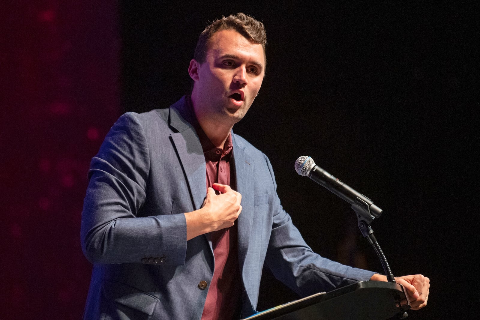Charlie Kirk speaks at Texas A&M University as part of Turning Point USA's American Comeback Tour on Tuesday, April 22, 2025, in College Station, Texas. (Meredith Seaver/College Station Eagle via AP)