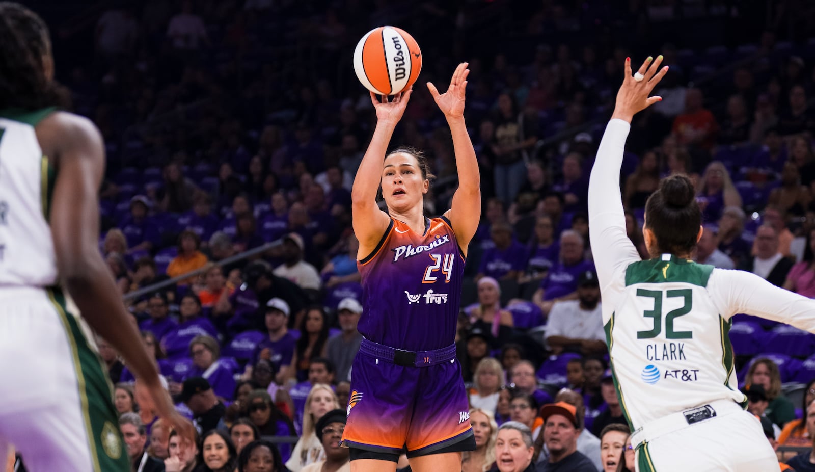 Kathryn Westbeld shoots for the Phoenix Mercury against the Seattle Storm on Saturday, May 17, 2025, in Phoenix. Photo courtesy of Phoenix Mercury