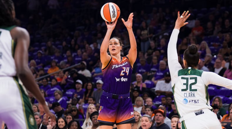 Kathryn Westbeld shoots for the Phoenix Mercury against the Seattle Storm on Saturday, May 17, 2025, in Phoenix. Photo courtesy of Phoenix Mercury